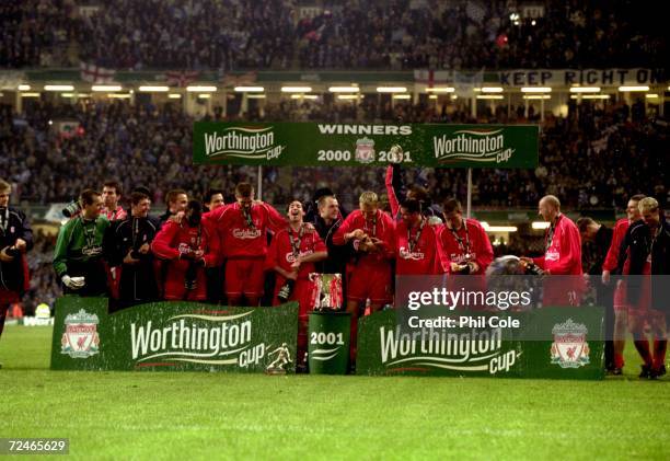 Liverpool celebrate victory after the Worthington Cup Final match against Birmingham City played at the Millennium Stadium, in Cardiff, Wales. The...