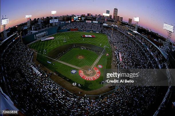 An aerial view of the Fenway Park at dusk taken during the 1999 MLB All-Star Game between the National League Team and the American League Team at...