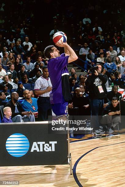 Jeff Hornacek of the Utah Jazz attempts a shot during the 2000 AT&T Three Point Shootout on February 12, 2000 at the Arena in Oakland, California....