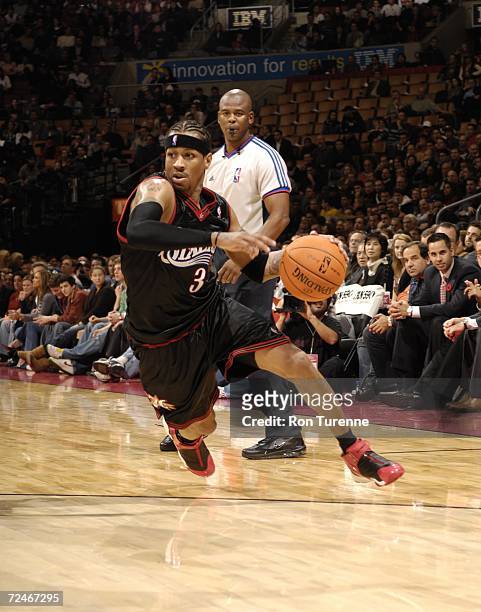 Allen Iverson of the Philadelphia 76ers drives hard during a game against the Toronto Raptors at the Air Canada November 8, 2006 Centre in Toronto,...