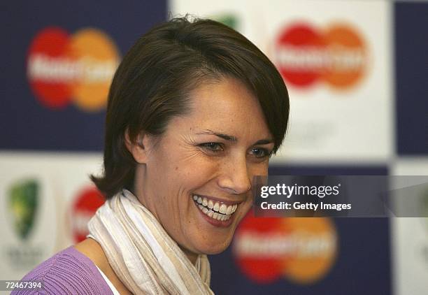 Channel Nine sports commentator Stephanie Brantz laughs during a press conference announcing MasterCard's sponsorship deal with Cricket Australia at...