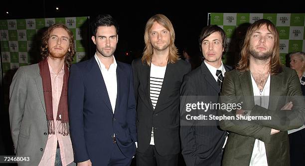 Musician Jesse Carmichael, singer Adam Levine, musicians James Valentine, Matt Flynn and Mickey Madden of the rock band Maroon 5 arrive at the 16th...