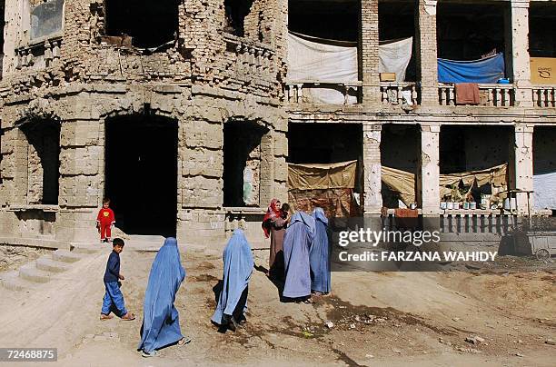 In this picture taken 06 November 2006, Afghan displaced women and ex-refugees walk in front of the Ali Abad Hospital in Kabul. Some 80 displaced...