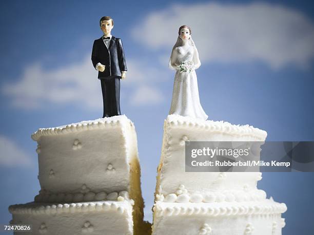 wedding cake visual metaphor with figurine cake toppers - wedding cake figurine photos et images de collection