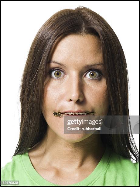 woman with closed zipper on mouth - zipper mouth stock pictures, royalty-free photos & images