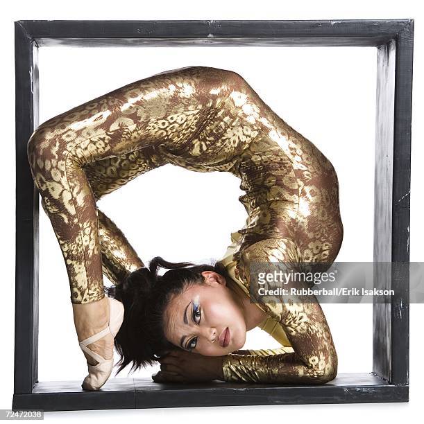 female contortionist inside the box - caught in the act stockfoto's en -beelden