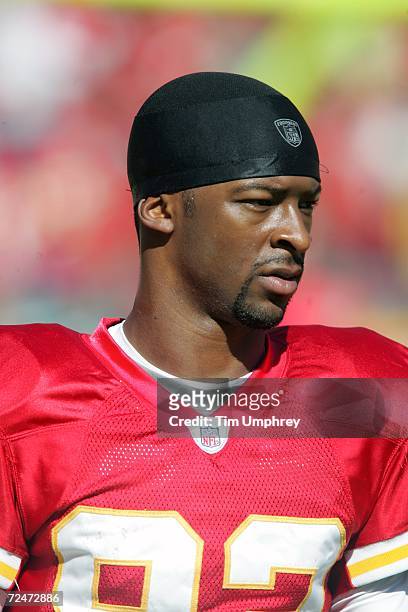 Wide receiver Dante Hall of the Kansas City Chiefs warms up before a game against the Seattle Seahawks at Arrowhead Stadium on October 29, 2006 in...