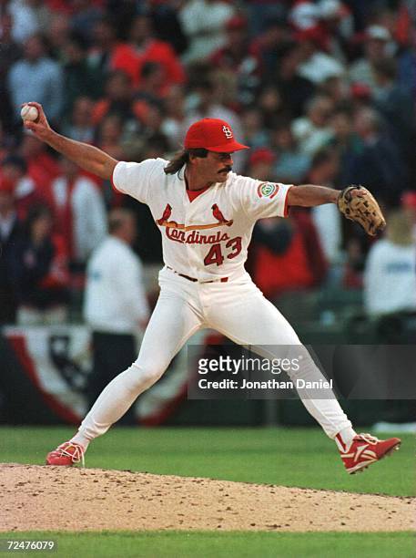 Pitcher Dennis Eckersley of the St. Louis Cardinals throws a pitch against the San Diego Padres in game 2 of the National League Divisional Playoffs...