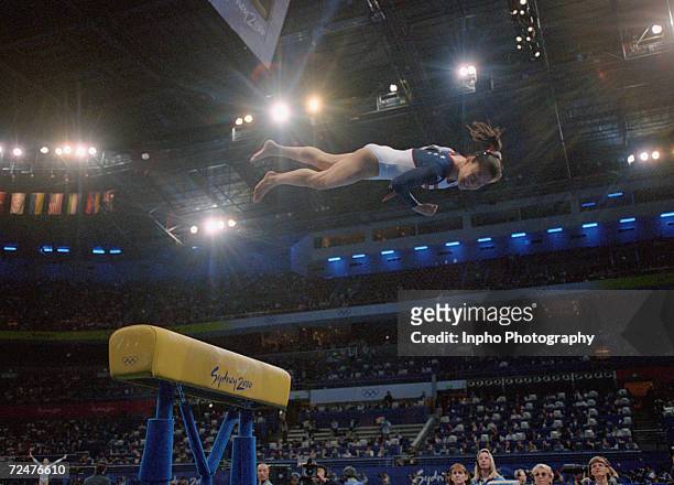 Elise Ray of the United States performs on the vault in the Olympic Gymnastic Team Competitions at the Sydney Superdome in Sydney Australia.Mandatory...