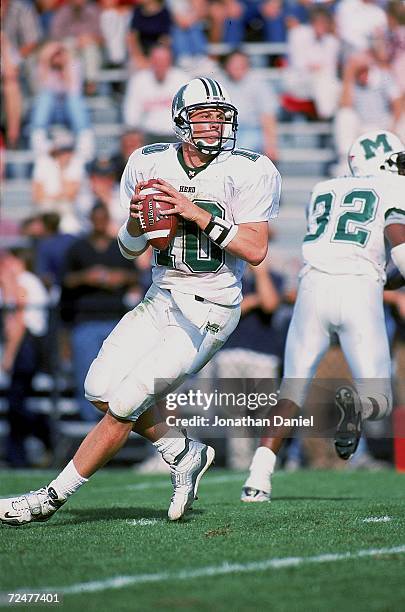 Chad Pennington of the Marshall Thundering Herd gets ready to pass the ball during the game against the Miami Redhawks at Yager Stadium in Oxford,...