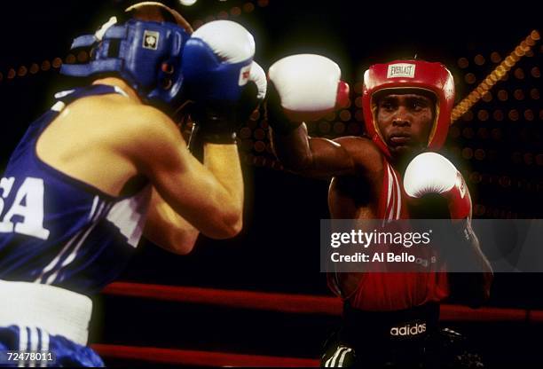 Mario Kindelan throws a right gab during the fight against Jacob Hudson at the Goodwill Games in the theater at Madison Square Gardens in New York....