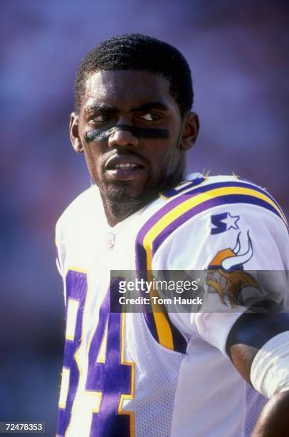 Wide receiver Randy Moss of the Minnesota Vikings looks on during the game against the Tampa Bay Buccaneers at the Raymond James Stadium in Tampa,...
