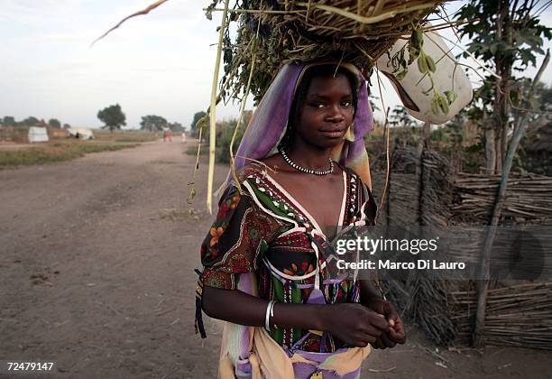 Sudanese refugee girl carries crops and a water container on November 8, 2006 in the Goz Amer Refugee Camp, Chad. Since 2004 refugees have fled from...