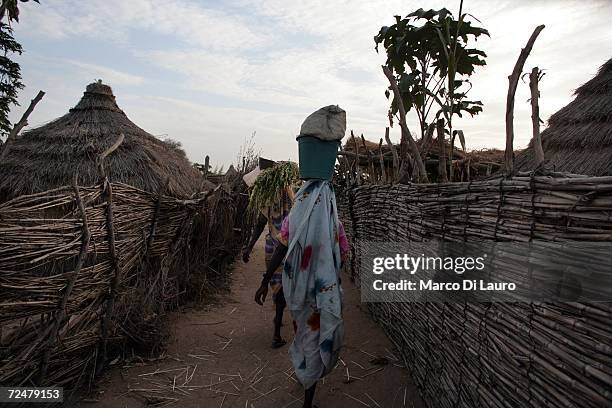 Sudanese refugee girl carry crops and a water on November 8, 2006 in the Goz Amer Refugee Camp, Chad. Since 2004 refugees have fled from Darfur into...