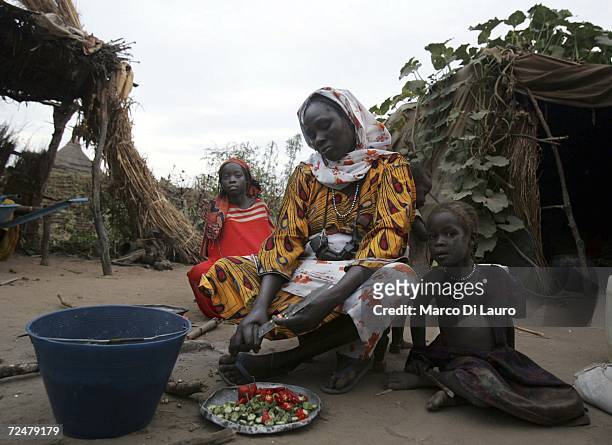 Sudanese refugee woman cooks a meal as her children watch on November 8, 2006 in the Goz Amer Refugee Camp, Chad. Since 2004 refugees have fled from...