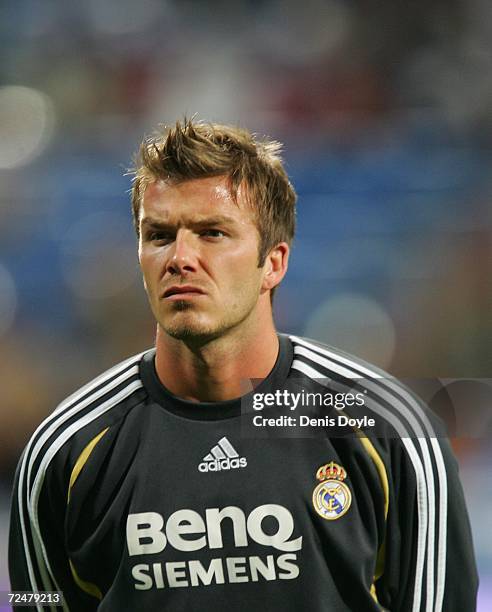 David Beckham of Real Madrid seen before the Kings Cup fourth round second leg match at the Santiago Bernabeu stadium on November 9, 2006 in Madrid,...