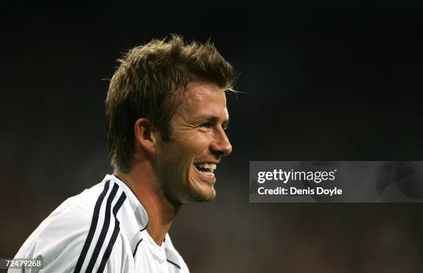 David Beckham of Real Madrid laughs during the Kings Cup fourth round second leg match between Real Madrid and Ecija at the Santiago Bernabeu stadium...