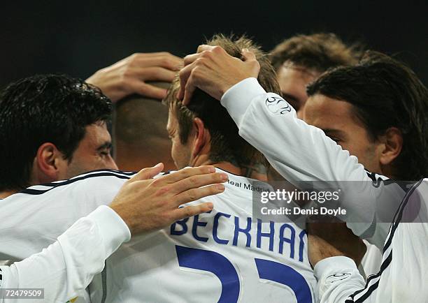 David Beckham of Real Madrid celebrates after scoring a goal against Ecija during the Kings Cup fourth round second leg match between Real Madrid and...