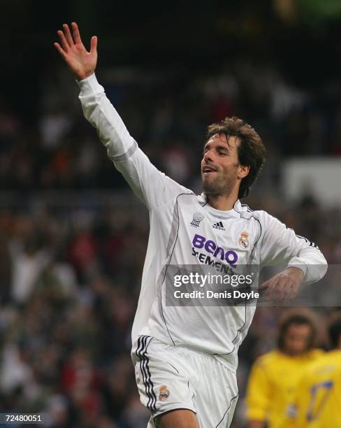 Ruud van Nistelrooy of Real Madrid celebrates after scoring a goal against Ecija during the Kings Cup fourth round second leg match between Real...