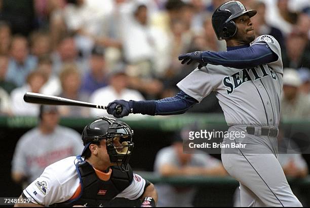 American League member Ken Griffey Jr. #24 of the Seattle Mariners swings at a pitch during the All-Star Game at Coors Field in Denver, Colorado. The...
