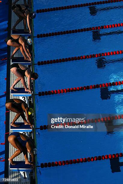 General view of the start of the Women's 100M Breaststroke Finals at the Janet Evans Invitational on June 13, 2004 in Long Beach, California.