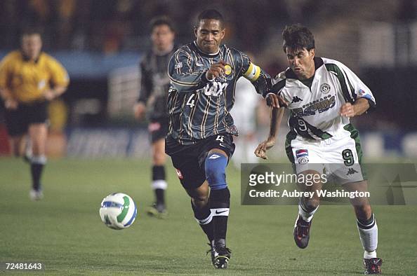 Robin Fraser of the Los Angeles Galaxy battles Paul Bravo of the Colorado Rapids at the Rose Bowl in Pasadena, California. The Galaxy defeated the...