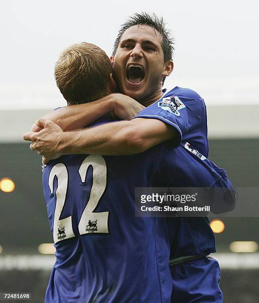 Frank Lampard of Chelsea is congratulated by team-mate Eidur Gudjohnsen after scoring during the Barclays Premiership match between West Bromwich...
