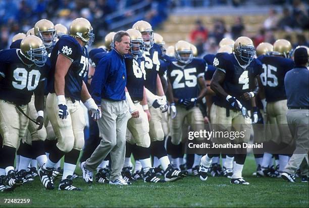 Head coach Bob Davie of the Notre Dame Fighting Irish looks on from the sidelines during the game against the Baylor Bears at the Notre Dame Stadium...