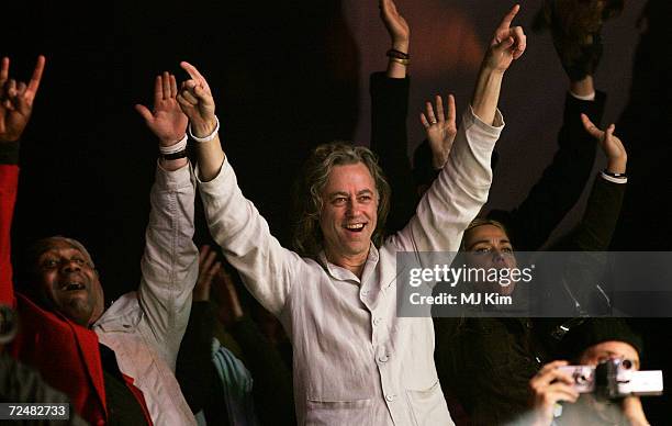 Bob Geldof on stage at the Live 8 Edinburgh concert at Murrayfield Stadium on July 6, 2005 in Edinburgh, Scotland. The free gig, labelled Edinburgh...
