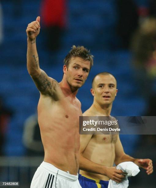 David Beckham of Real Madrid salutes fans after the Kings Cup fourth round second leg match between Real Madrid and Ecija at the Santiago Bernabeu...