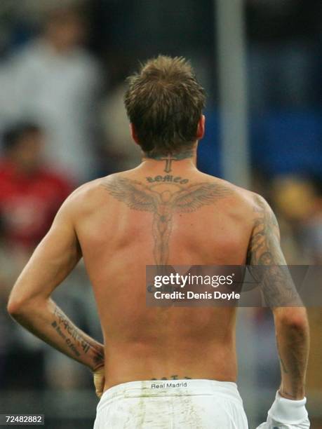 David Beckham of Real Madrid leaves the park after the Kings Cup fourth round second leg match between Real Madrid and Ecija at the Santiago Bernabeu...