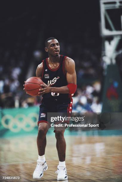 American basketball player Penny Hardaway pictured in action for the United States basketball team to progress to finish in first place in the...