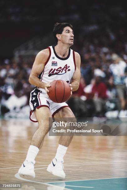 American basketball player John Stockton pictured in action for the United States basketball team to progress to finish in first place in the...