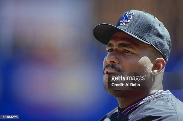 Bobby Bonilla of the New York Mets looks on during the game against the Montreal Expos at the Shea Stadium in Flushing, New York. The Expos defeated...