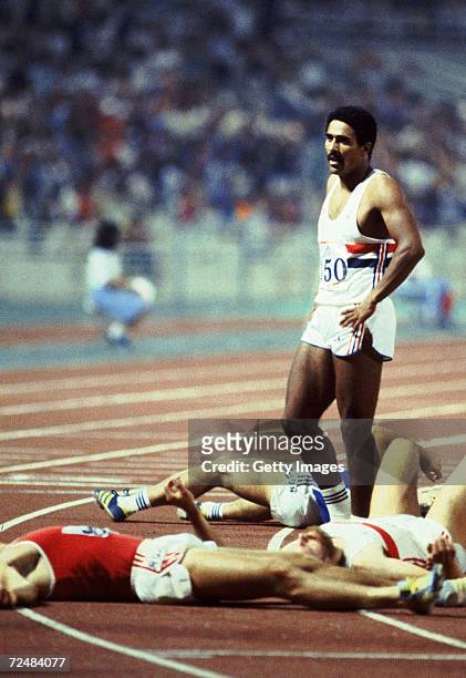 Daley Thompson of Great Britain still standing after completing the 1500m discipline of the Decathlon during the European Athletics Championships at...
