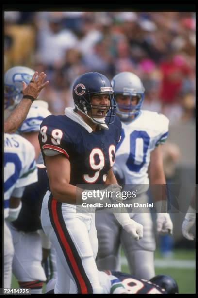 Defensive lineman Dan Hampton of the Chicago Bears celebrates during a game against the Seattle Seahawks at the Kingdome in Seattle, Washington. The...