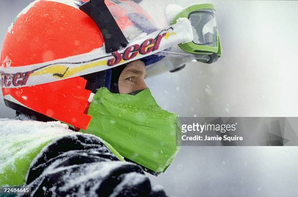 Portrait of a snowmobiler in action during the World Championship Snowmobile Derby in Eagle River, Wisconsin. Mandatory Credit: Jamie Squire /Allsport