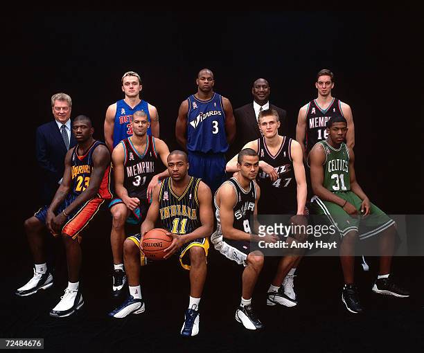 The 2002 All-Star Rookie team poses for a portrait from Top to Bottom : Chuck Daly, Zeljko Rebraca, Brendan Haywood,Darryl Dawkins,Pau Gasol, Jason...