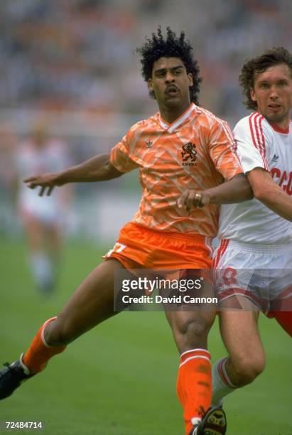 Frank Rijkaard of Holland battles with Oleg Protasov of the Soviet Union in action during the European Championship Final at the Olympic Stadium in...