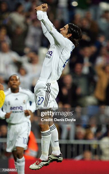 Ruben de la Red of Real Madrid celebrates after scoring Real's fifth goal against Ecija during the Kings Cup fourth round second leg match between...