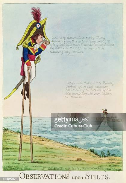 Observations Upon Stilts, caricature of Napoleon standing on stilts observing Pitt and England across the Channel