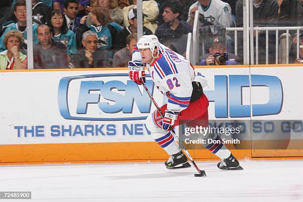 Martin Straka of the New York Rangers skates with the puck during a game against the San Jose Sharks on November 2, 2006 at the HP Pavilion in San...