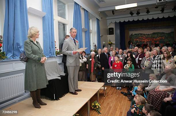 Prince Charles, Prince of Wales, watched by Camilla, Duchess of Cornwall speak on November 9, 2006 as they visit the Jubilee Institute at Rothbury,...