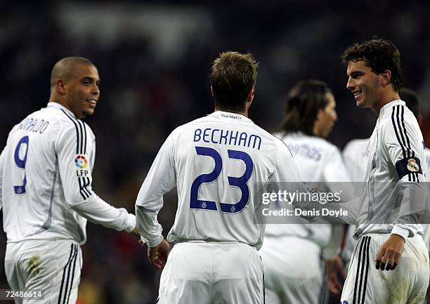 David Beckham of Real Madrid celebrates after scoring a goal against Ecija during the Kings Cup fourth round second leg match between Real Madrid and...