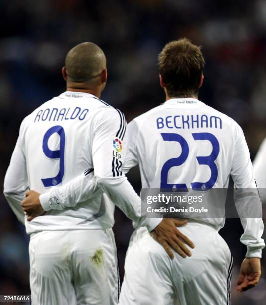 David Beckham of Real Madrid celebrates with Ronaldo after scoring a goal against Ecija during the Kings Cup fourth round second leg match between...