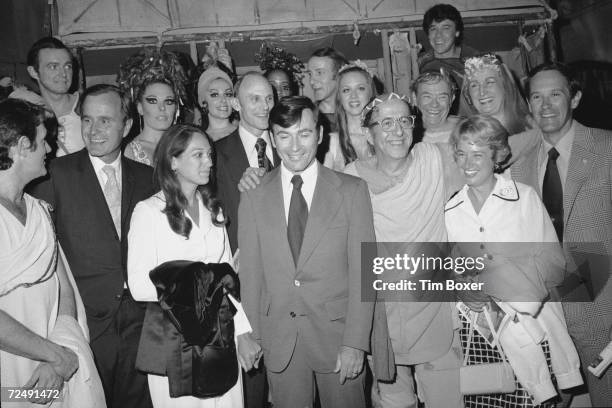 The crew of the Apollo 16 space mission celebrate backstage at a performance of 'A Funny Thing Happened on the Way to the Forum' at the Lunt-Fontanne...