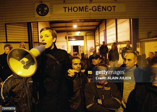 Equipment car Thome-Genot's employees, who occupy their plant, listen to member of the French Communist Party Clementine Autain, and Paris deputy...