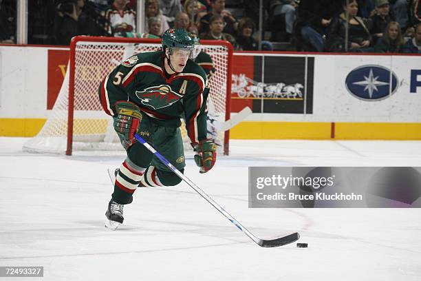 Kim Johnsson of the Minnesota Wild skates against the Nashville Predators during a game at Xcel Energy Center on November 4, 2006 in Saint Paul,...