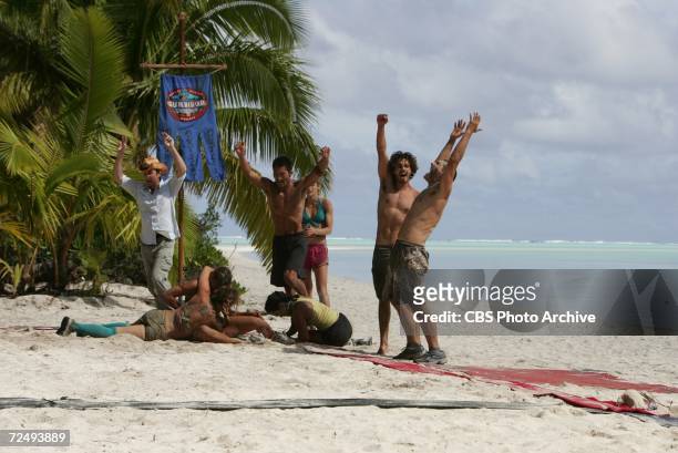 Left to right: Jeff Probst, Jessica Smith, Cristina Coria, Becky Lee, Yul Kwon, Candice Woodcock, Oscar "Ozzy" Lusth and Jonathan Penner during the...