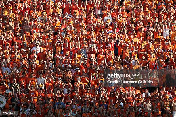 Dutch fans cheer on their team during the UEFA Euro 2004, Quarter Final match between Sweden and Holland at the Algarve Stadium on June 26, 2004 in...